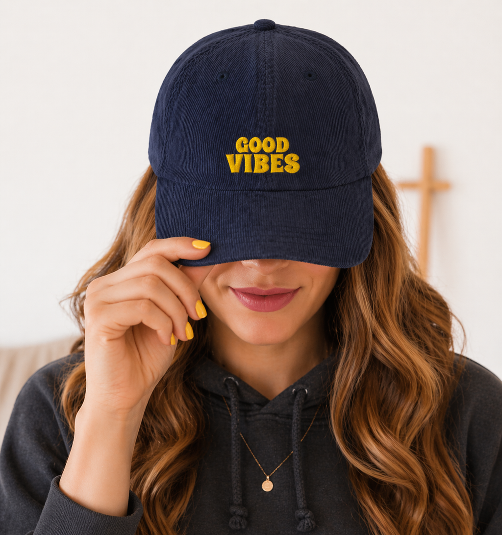 Good Vibes Corduroy Hat embroidered