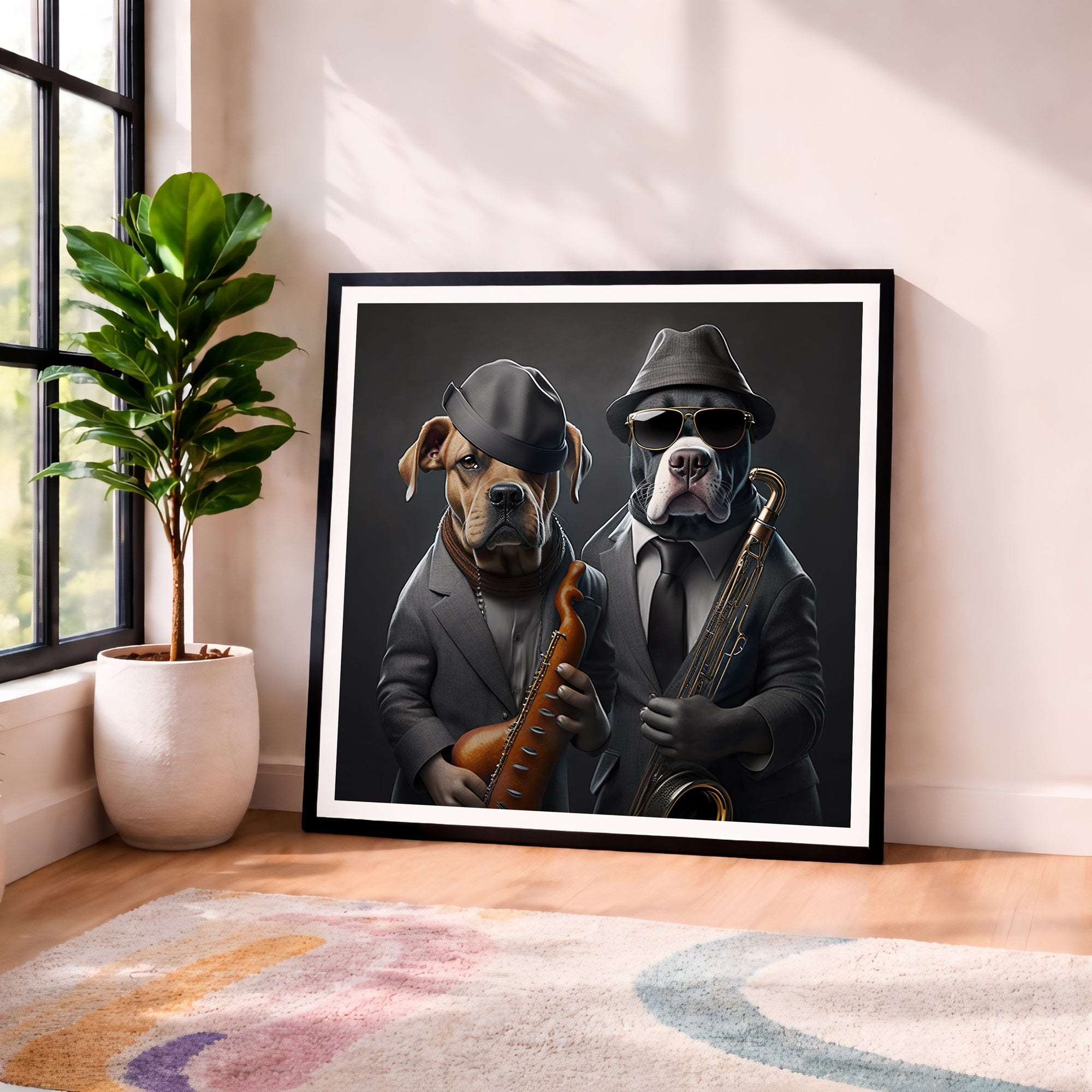 Framed artwork of two dogs in suits with musical instruments in a room with a plant and rug.

