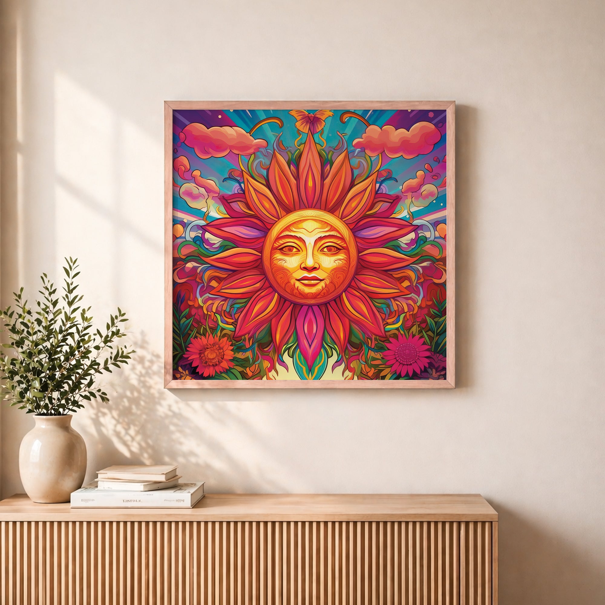Psychedelic Sun Face Framed Wall Art