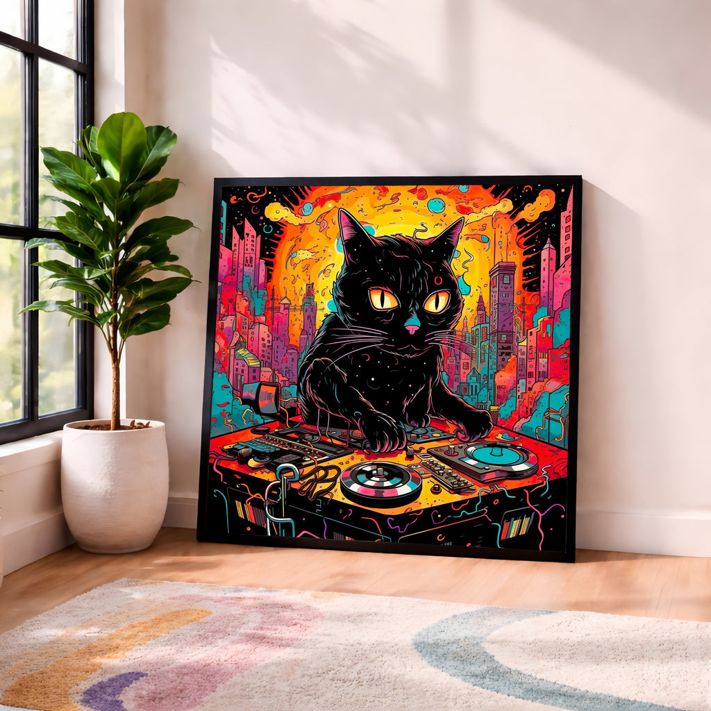 Trippy Psychedelic DJ Cat Framed Wall Art