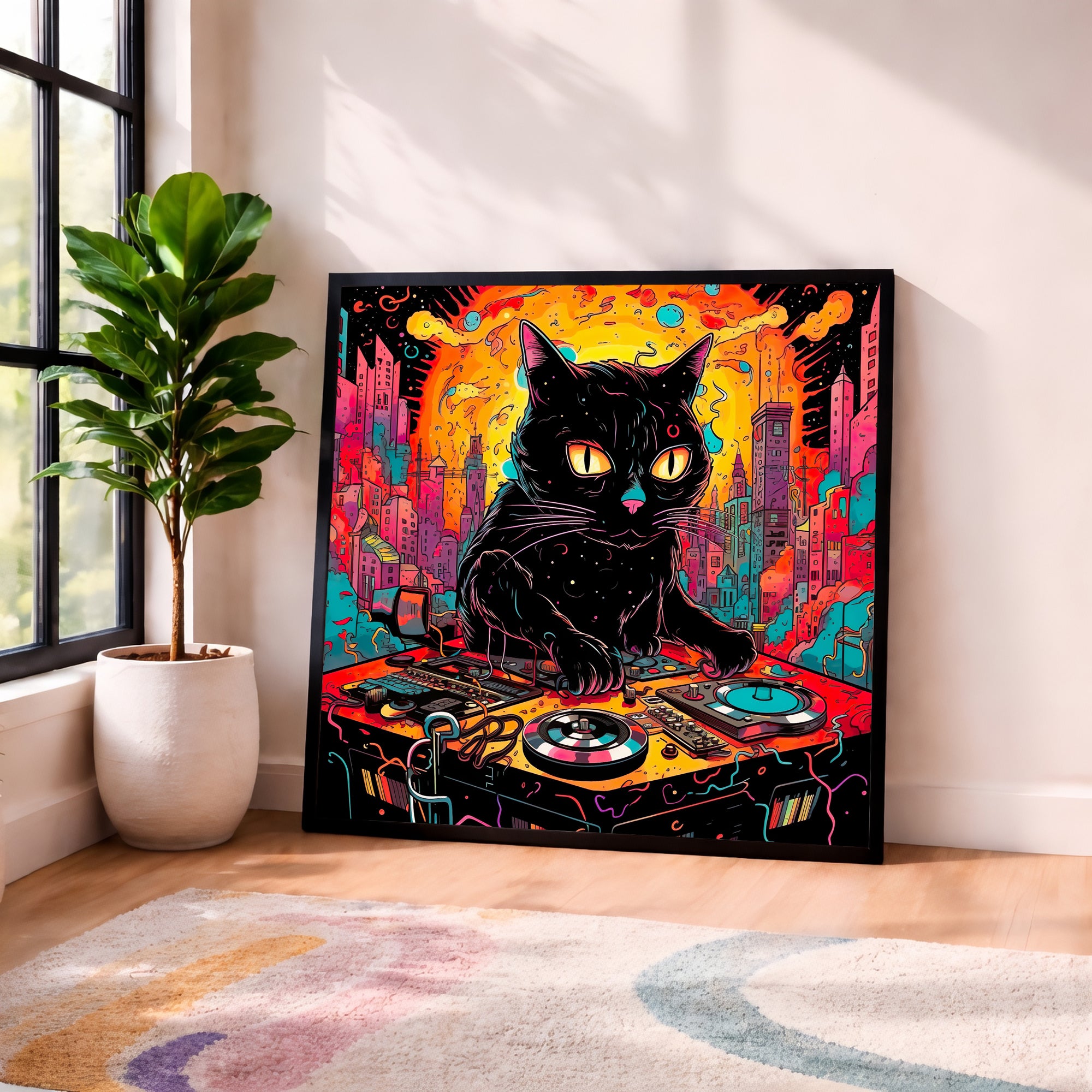 Trippy Psychedelic DJ Cat Framed Wall Art