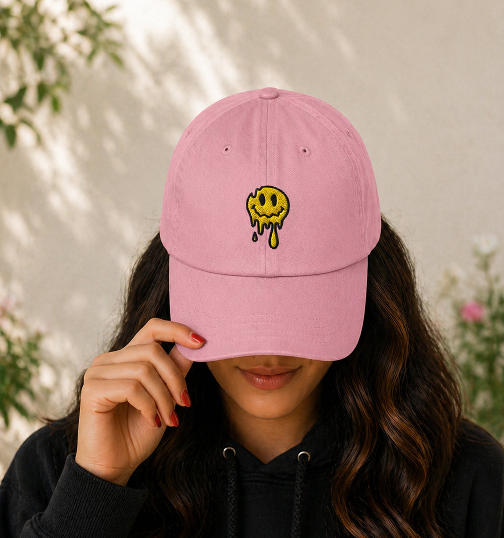 Psychedelic embroidered Melting Smiley Hat in pink