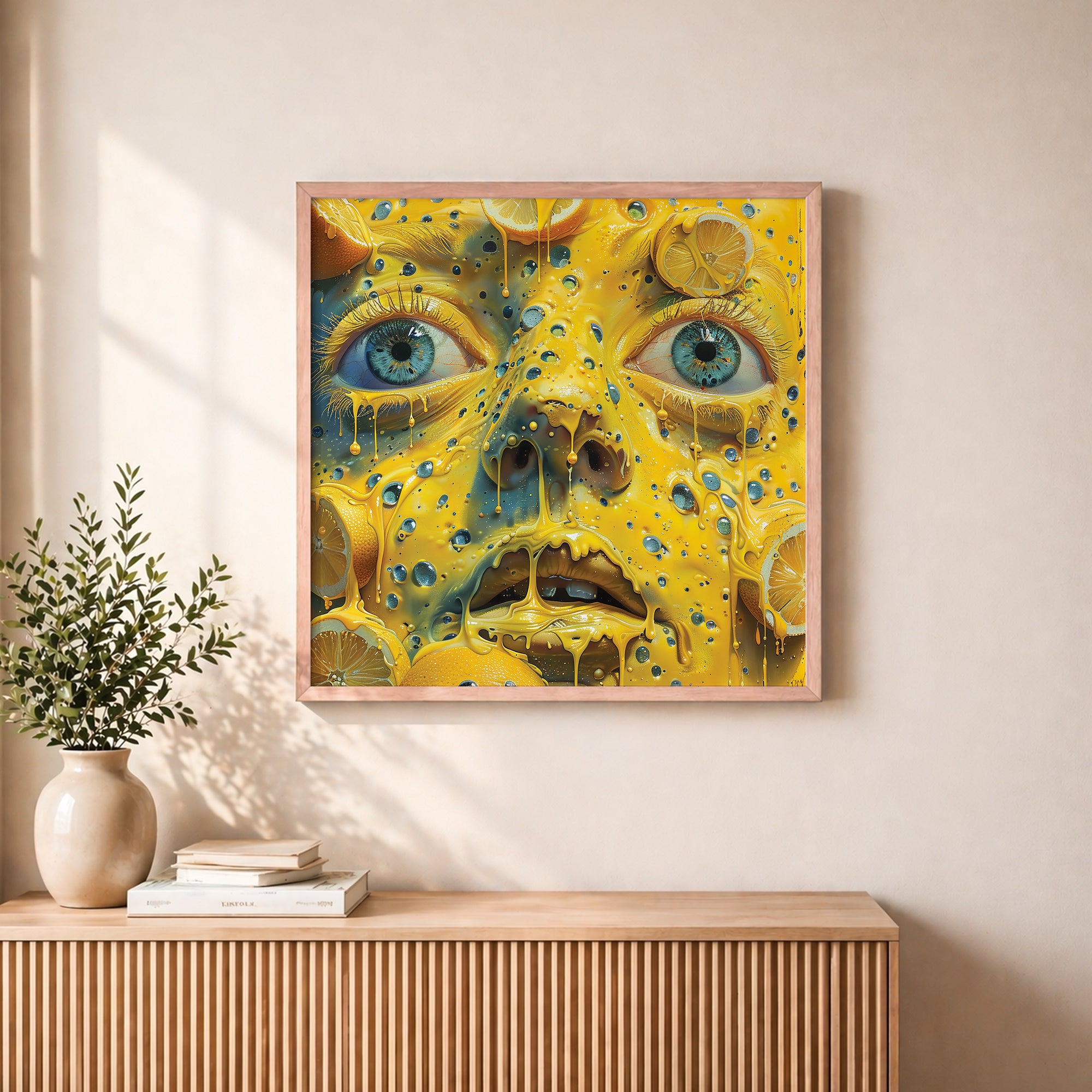 Trippy Melting Lemon Face Framed Wall Art