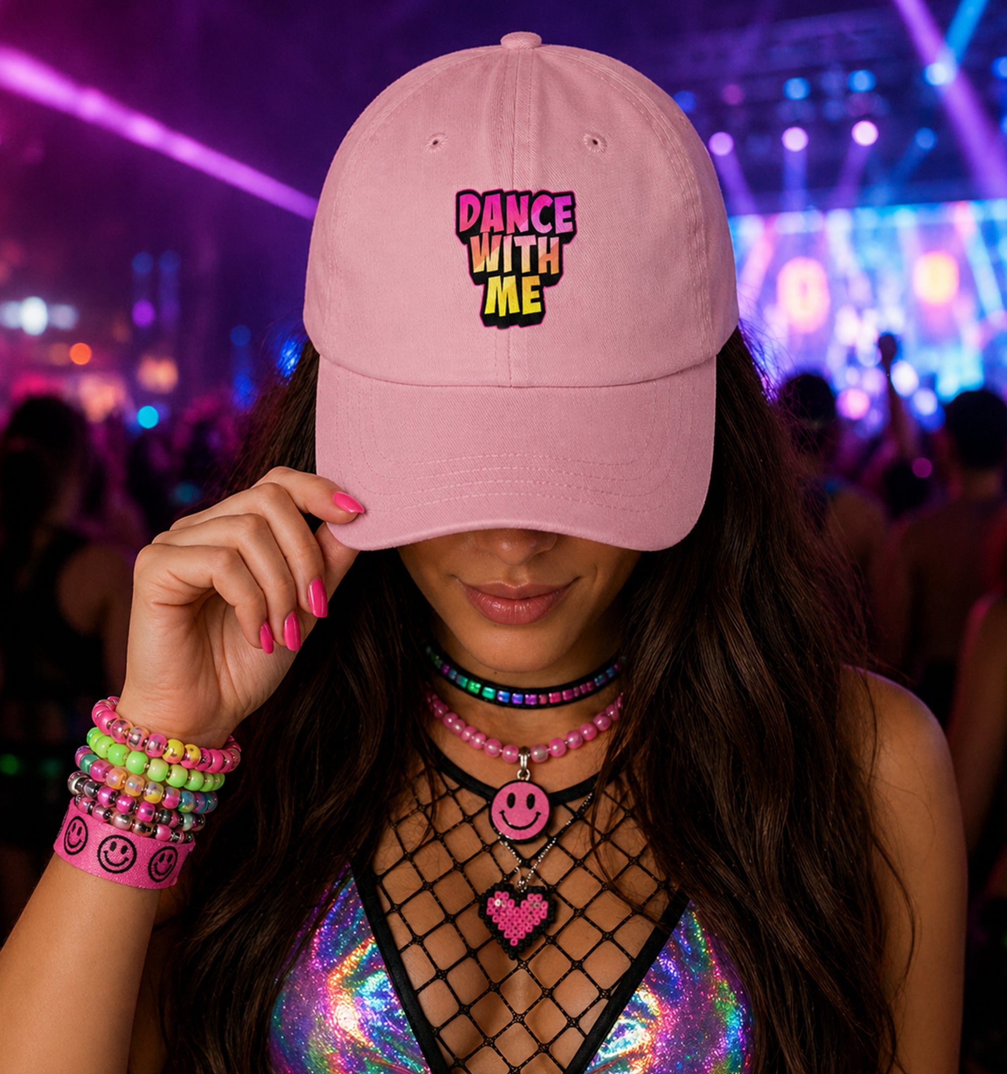 Woman At Festival Dance With Me Vibes Hat in Pink