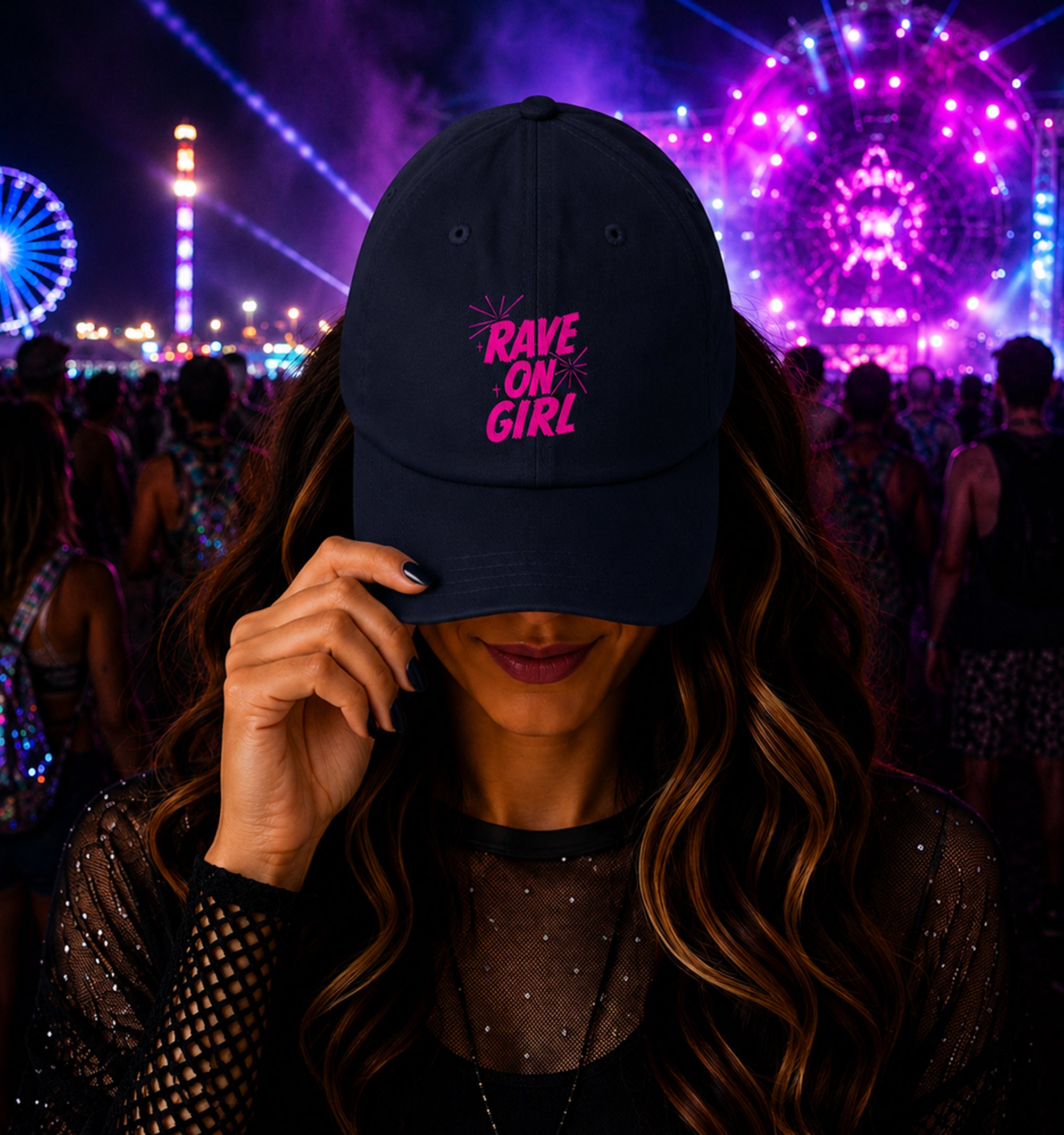 Woman wearing Rave On Girl festival hat
