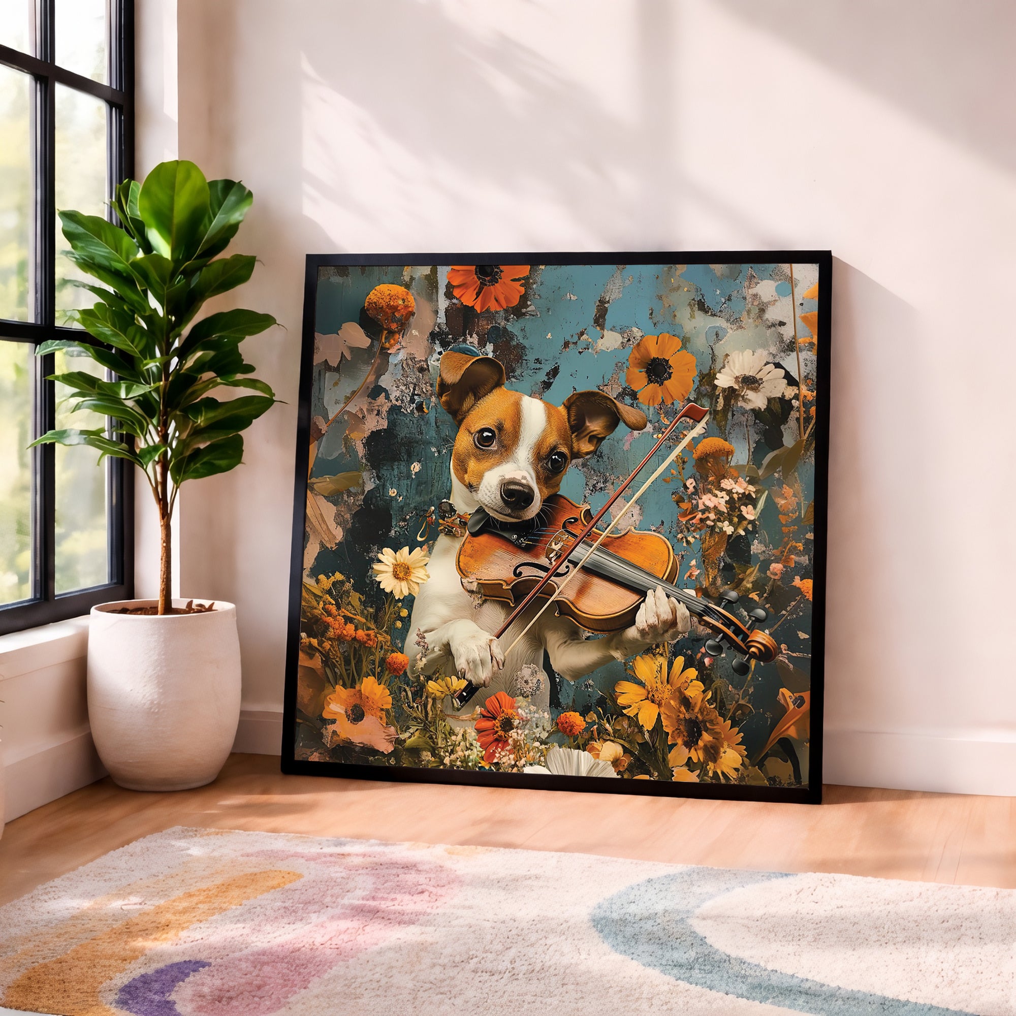 Violin Dog Portrait Framed Wall Art