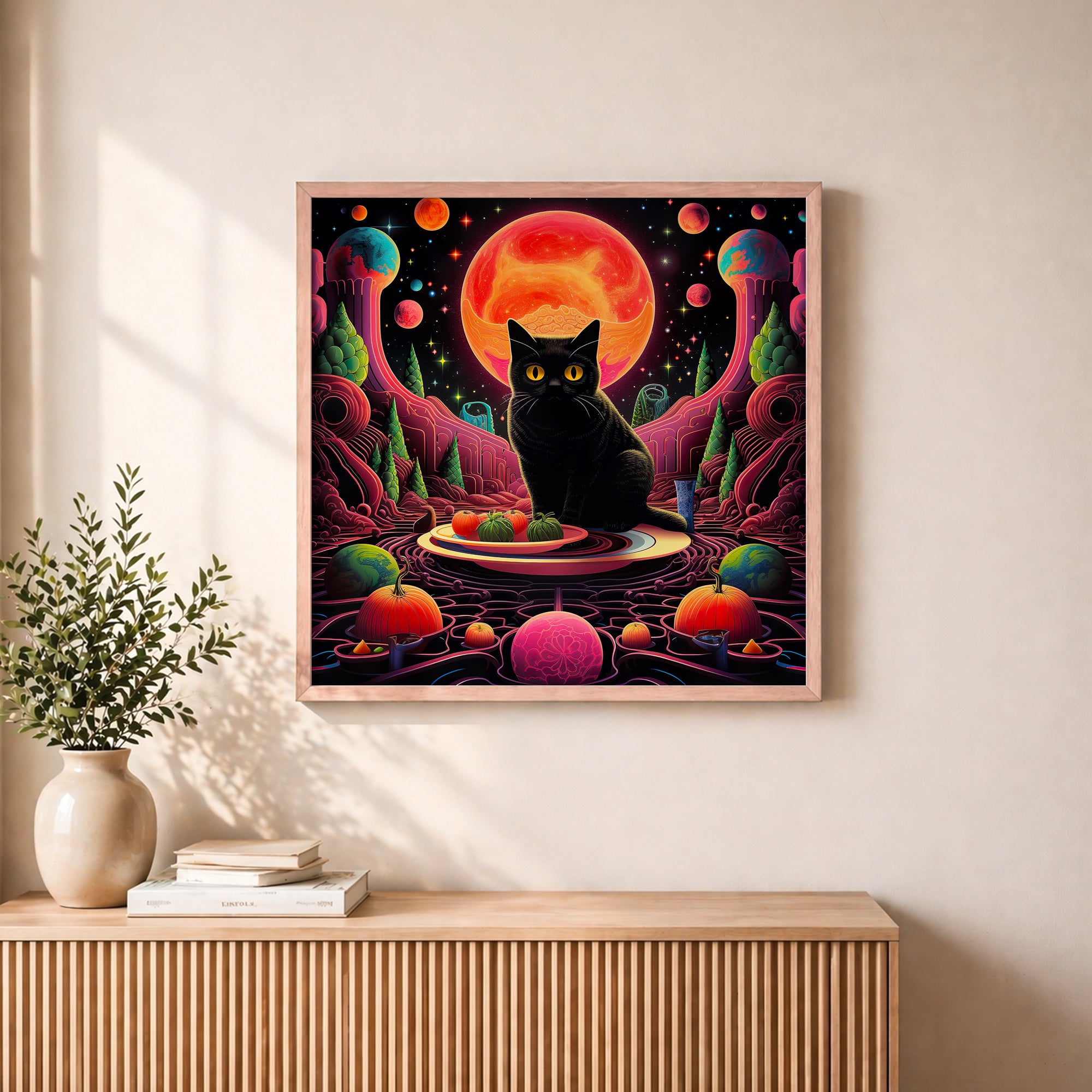 Psychedelic Black Cat Framed Wall Art