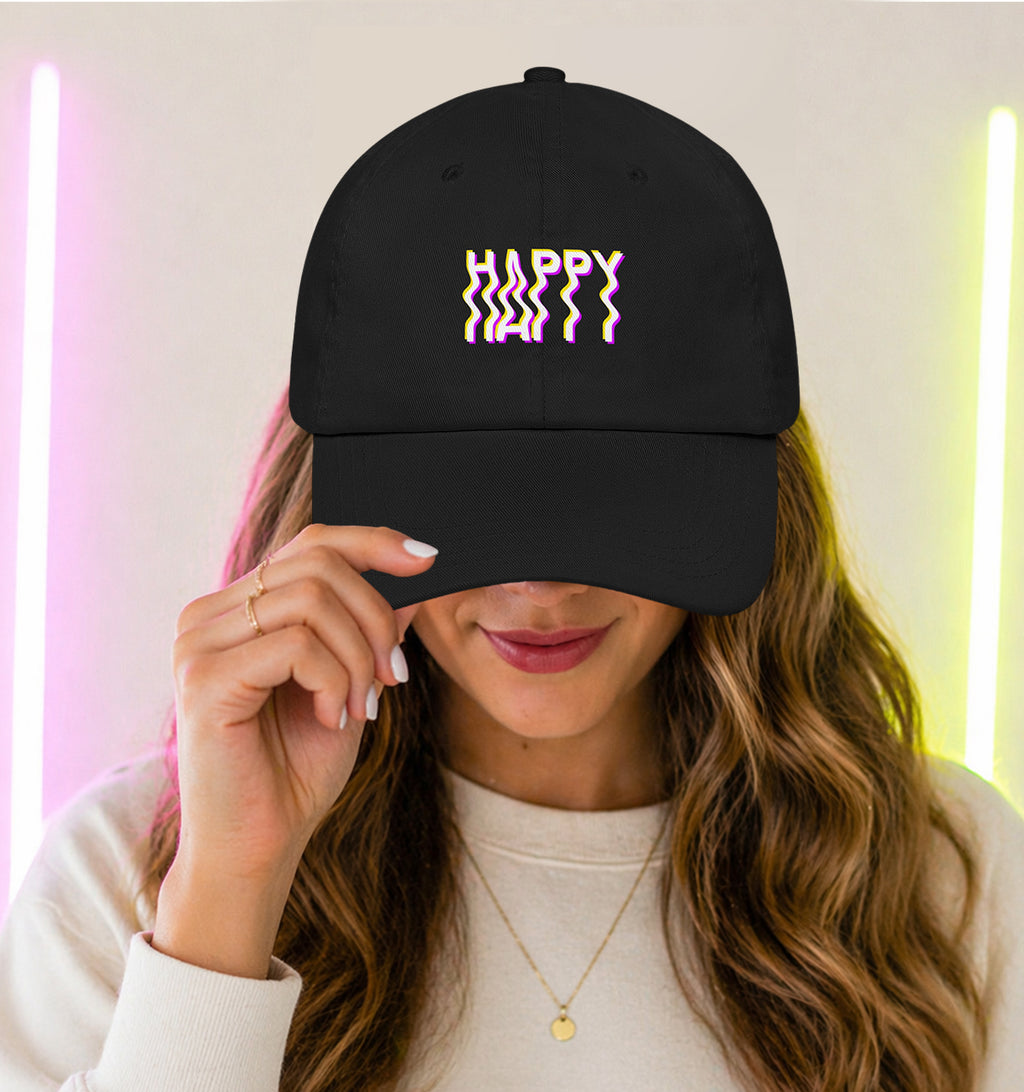 Woman Wearing a Happy Vibes Hat