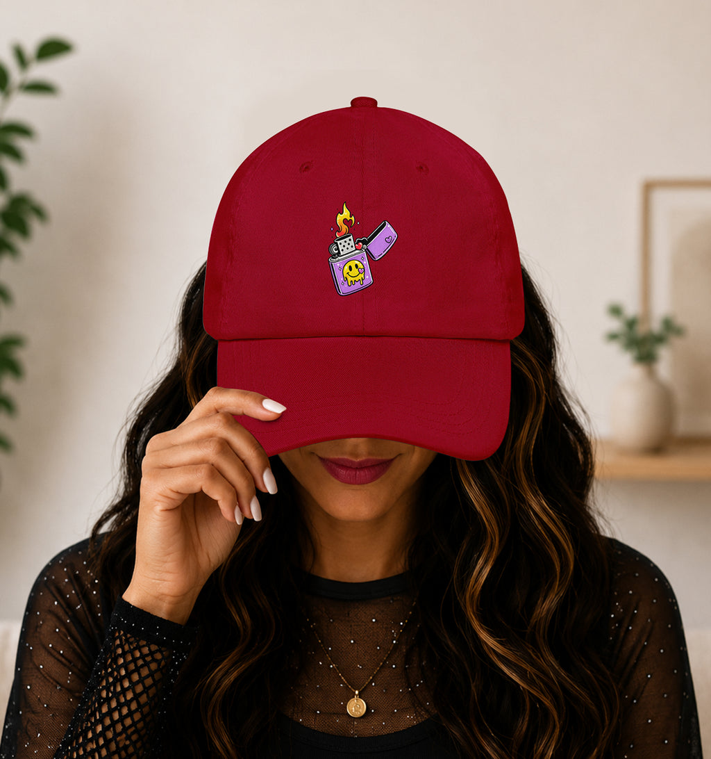 woman wearing a Lit Vibes psychedelic festival hat in red