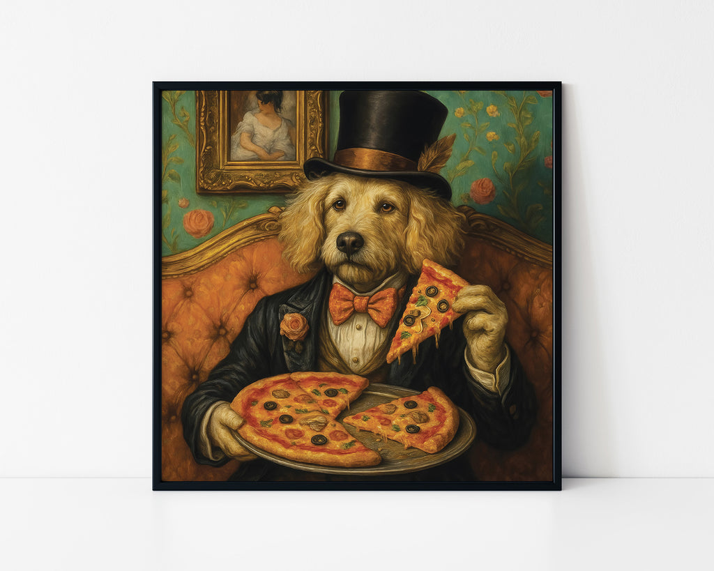 Funny Vintage Dog Eating Pizza Framed Wall Art