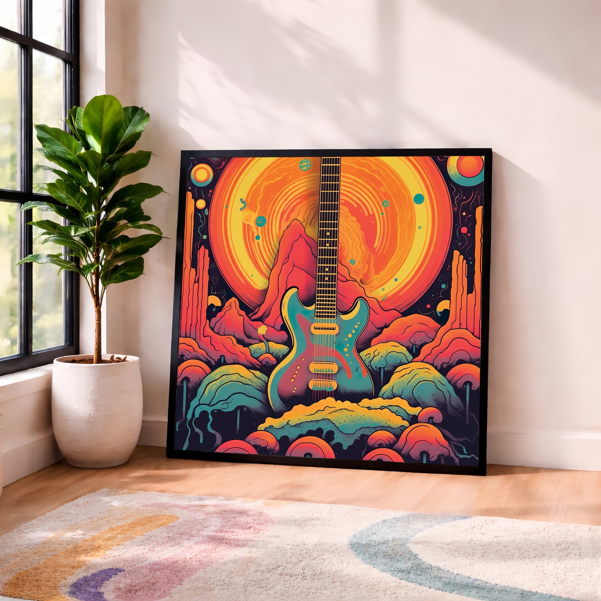 Psychedelic Guitar Sunset Framed Wall Art
