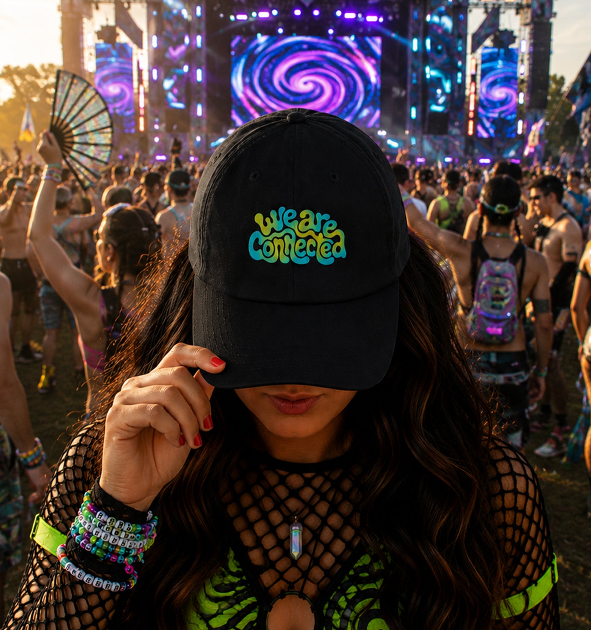 We Are Connected neon festival hat in black