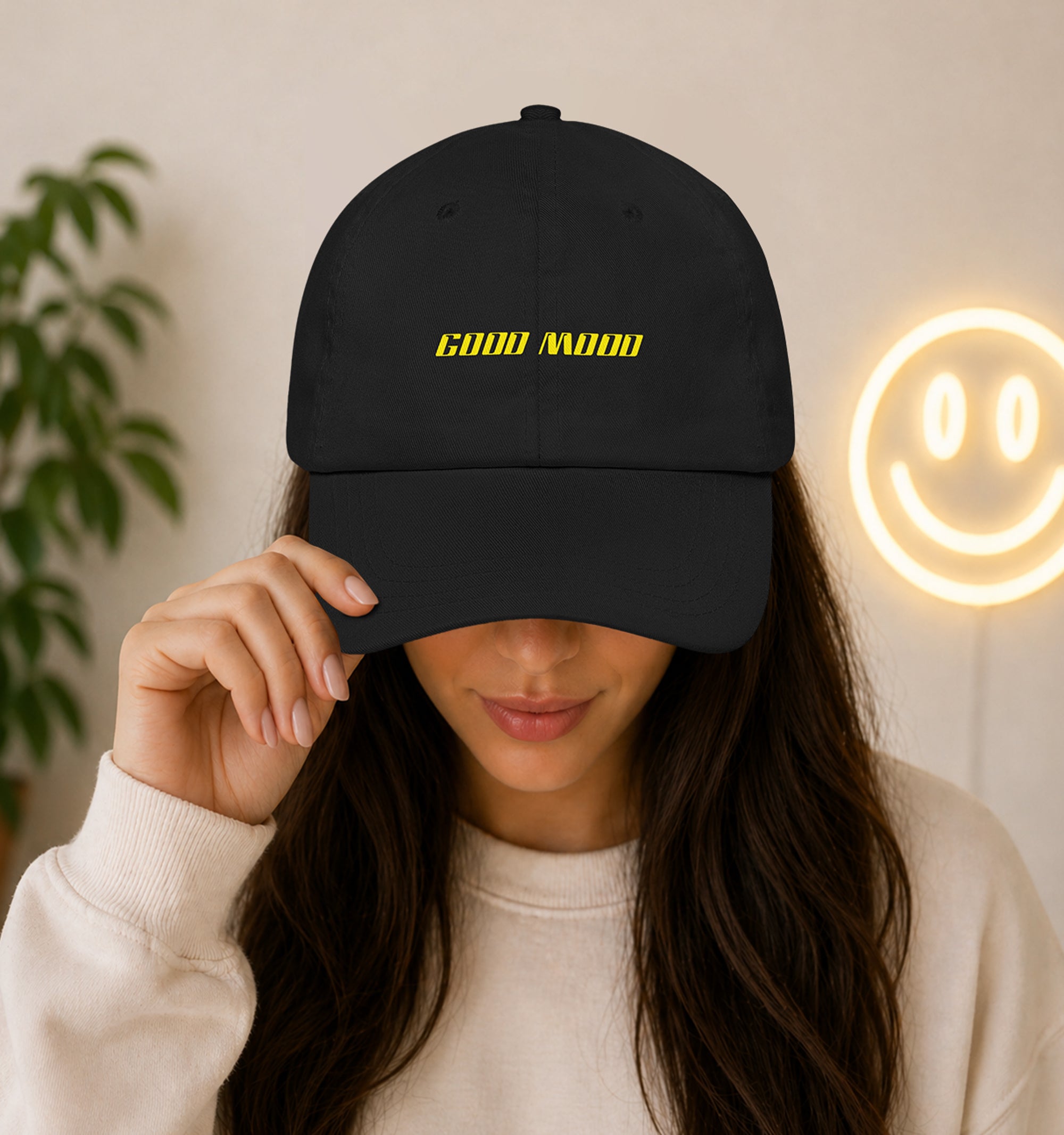 Woman Wearing a Festival Good Mood Hat in Black