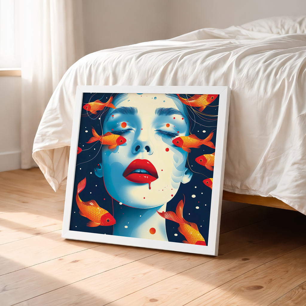 Framed artwork of a woman's face with goldfish on a wooden floor in a bedroom