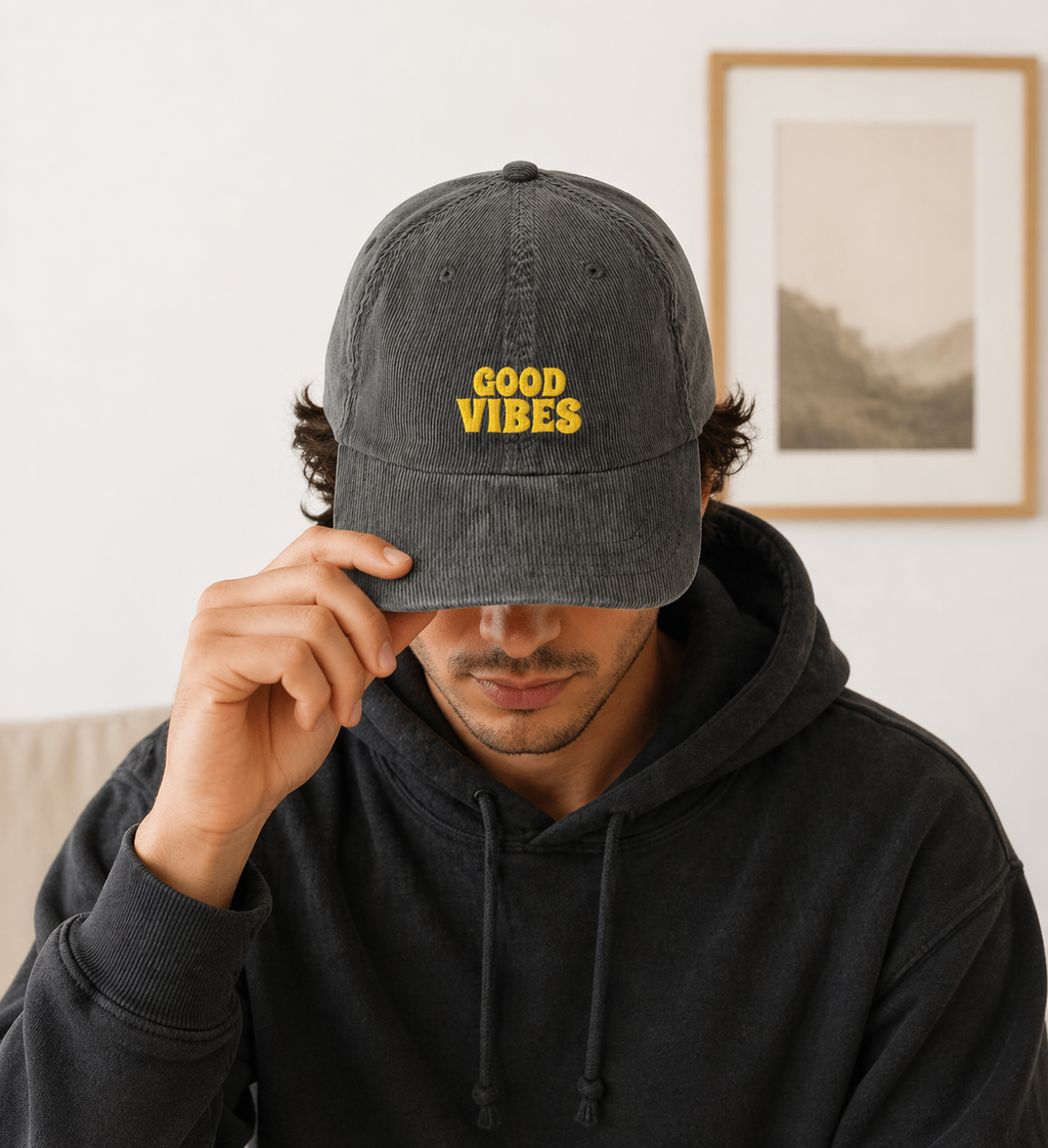 Good Vibes Corduroy Hat embroidered