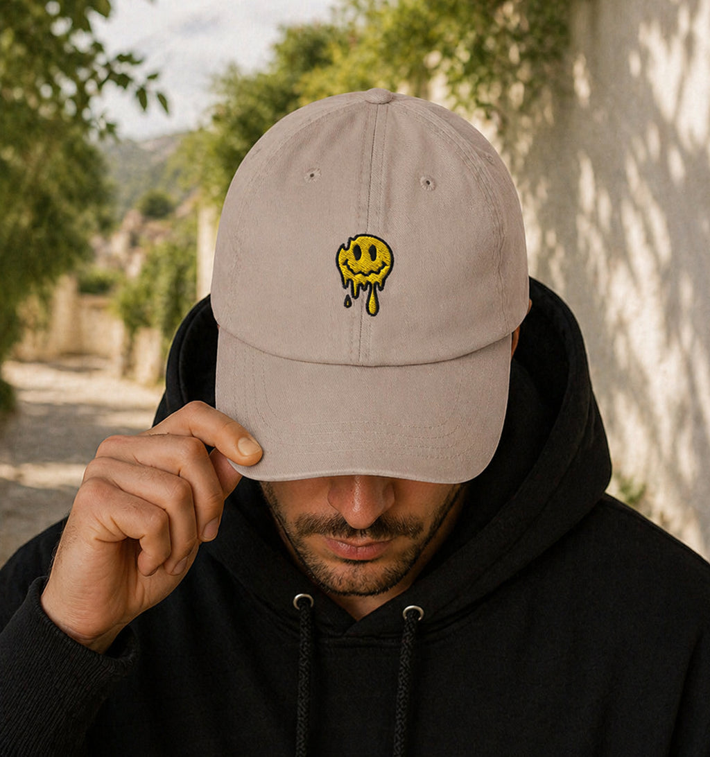 Psychedelic embroidered Melting Smiley Hat in beige