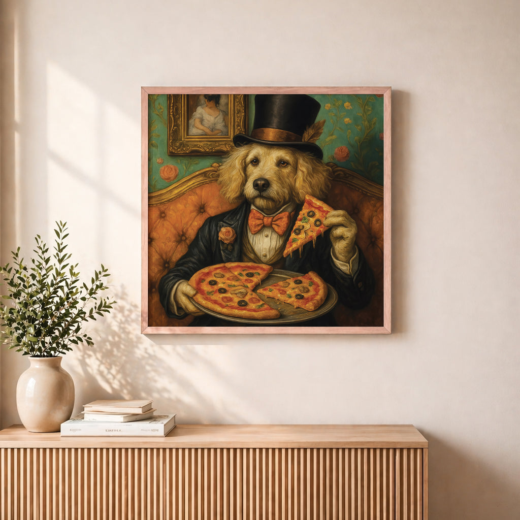 Funny Vintage Dog Eating Pizza Framed Wall Art