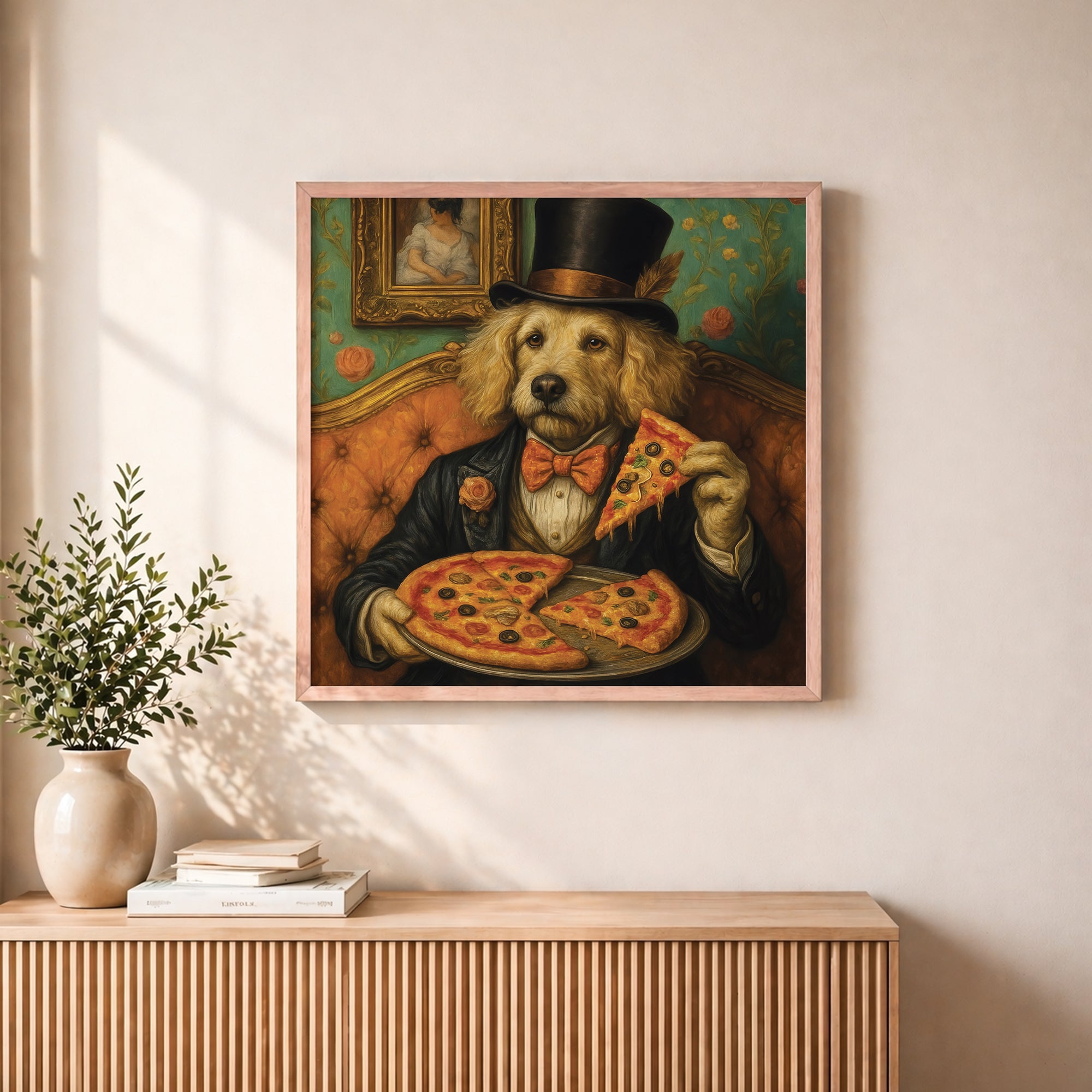 Funny Vintage Dog Eating Pizza Framed Wall Art