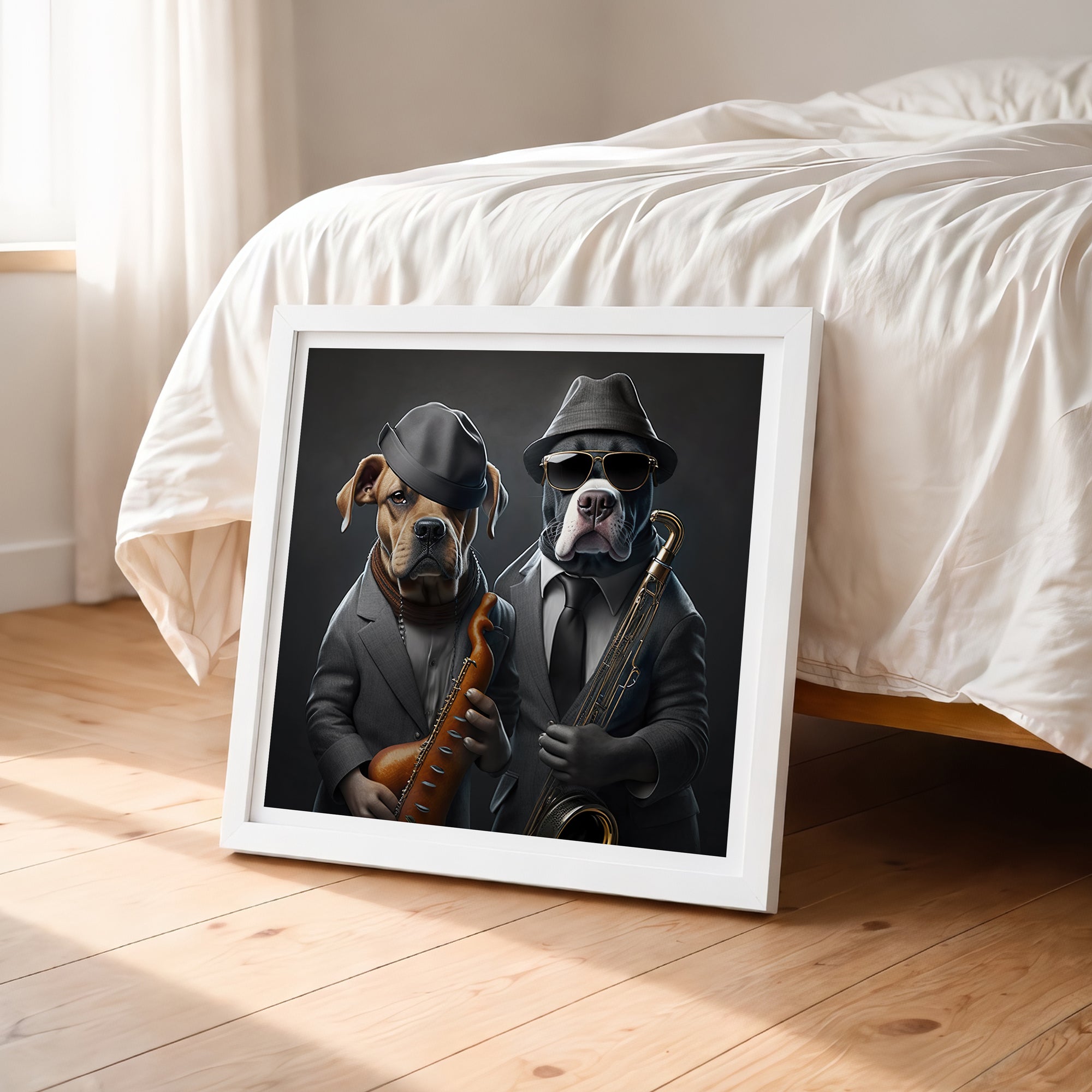 Dog jazz instruments framed wall art