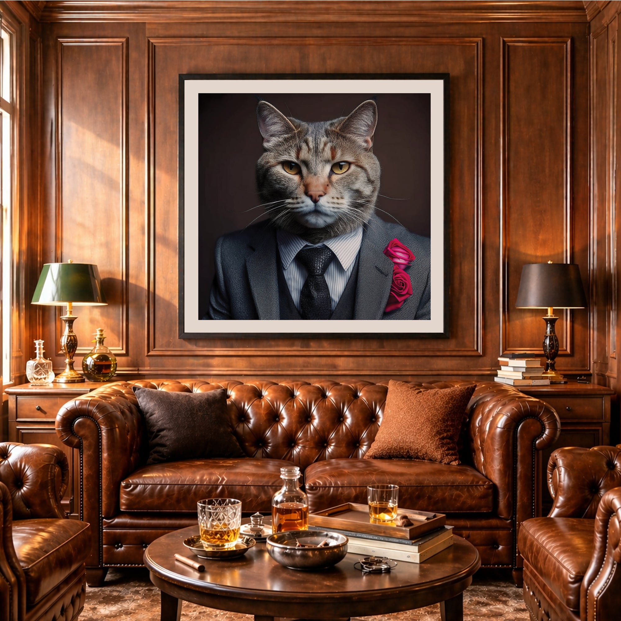 Framed picture of a cat in a suit on a wall above a brown leather sofa in a room with wooden walls.

