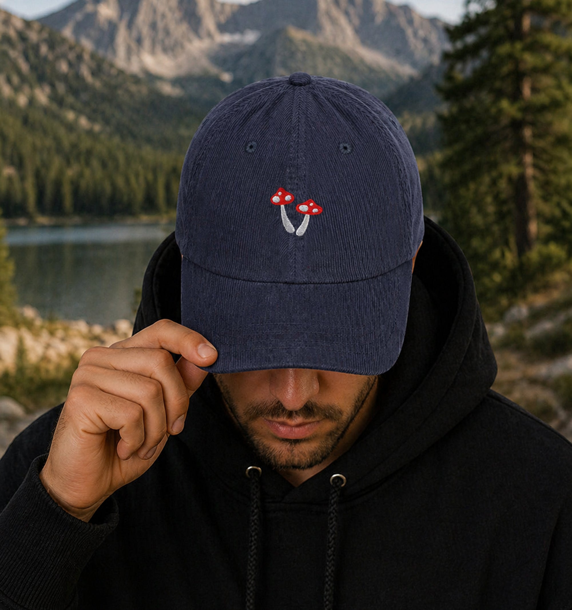 Minimal Mushroom Corduroy Hat in navy