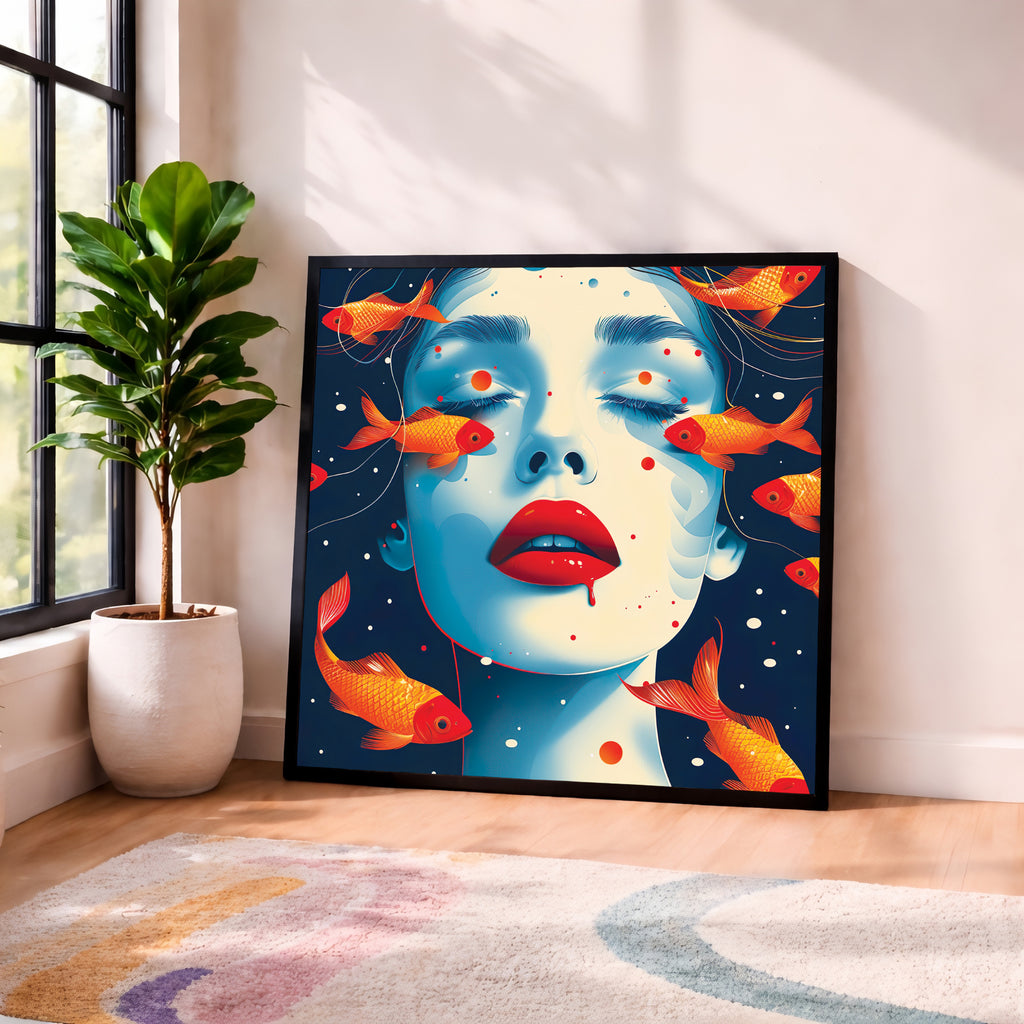 Framed artwork of a woman's face with goldfish in a room with a plant and rug