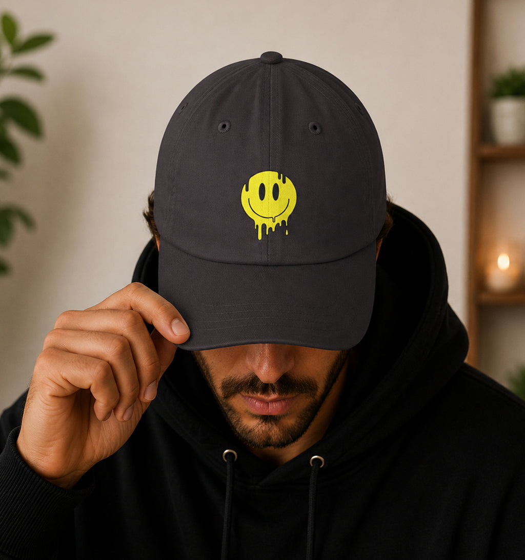 Drippy Smiley Hat psychedelic festival hat in gray