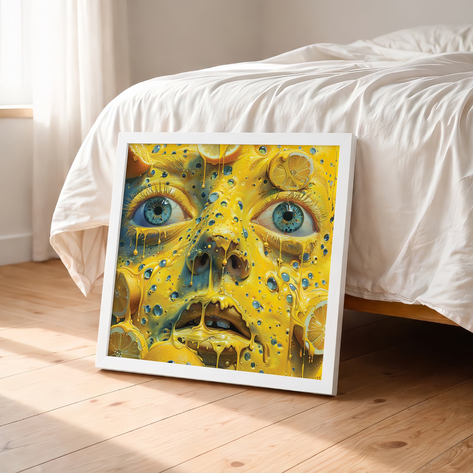 Trippy Melting Lemon Face Framed Wall Art