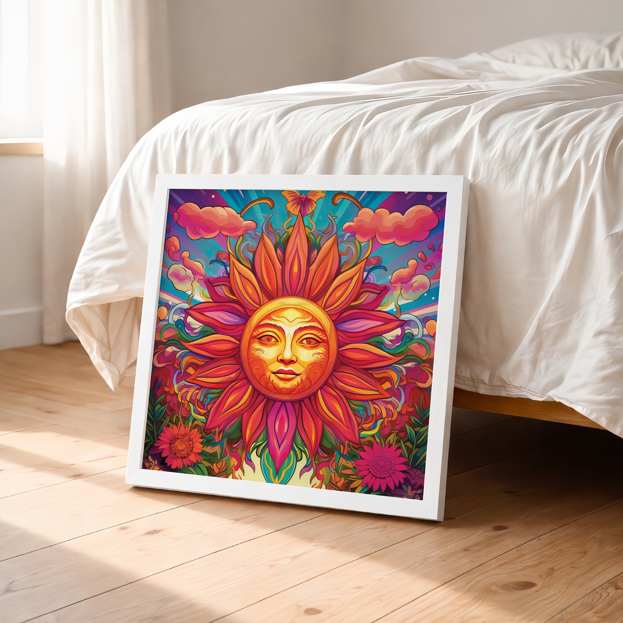 Psychedelic Sun Face Framed Wall Art
