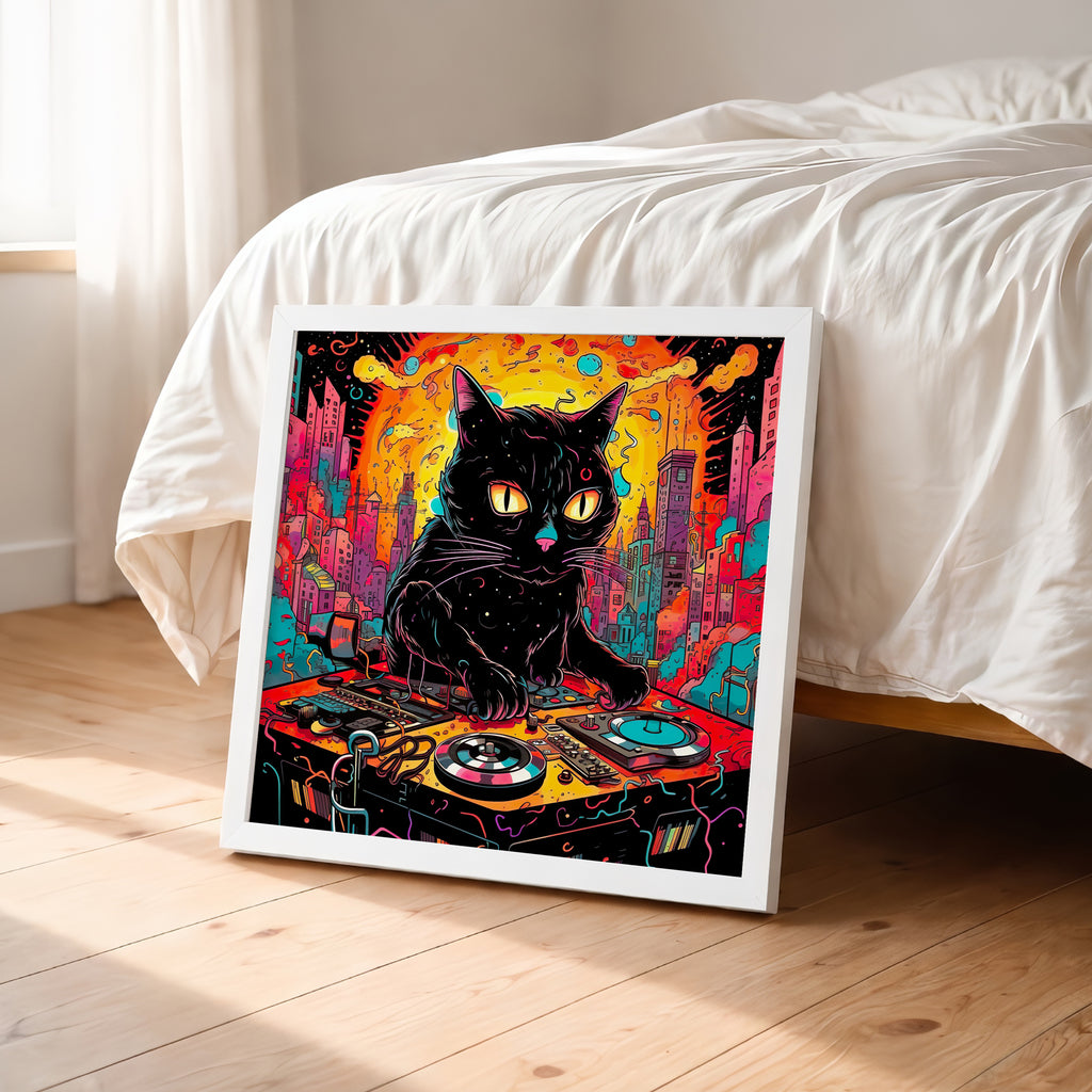 Psychedelic DJ Cat Framed Wall Art