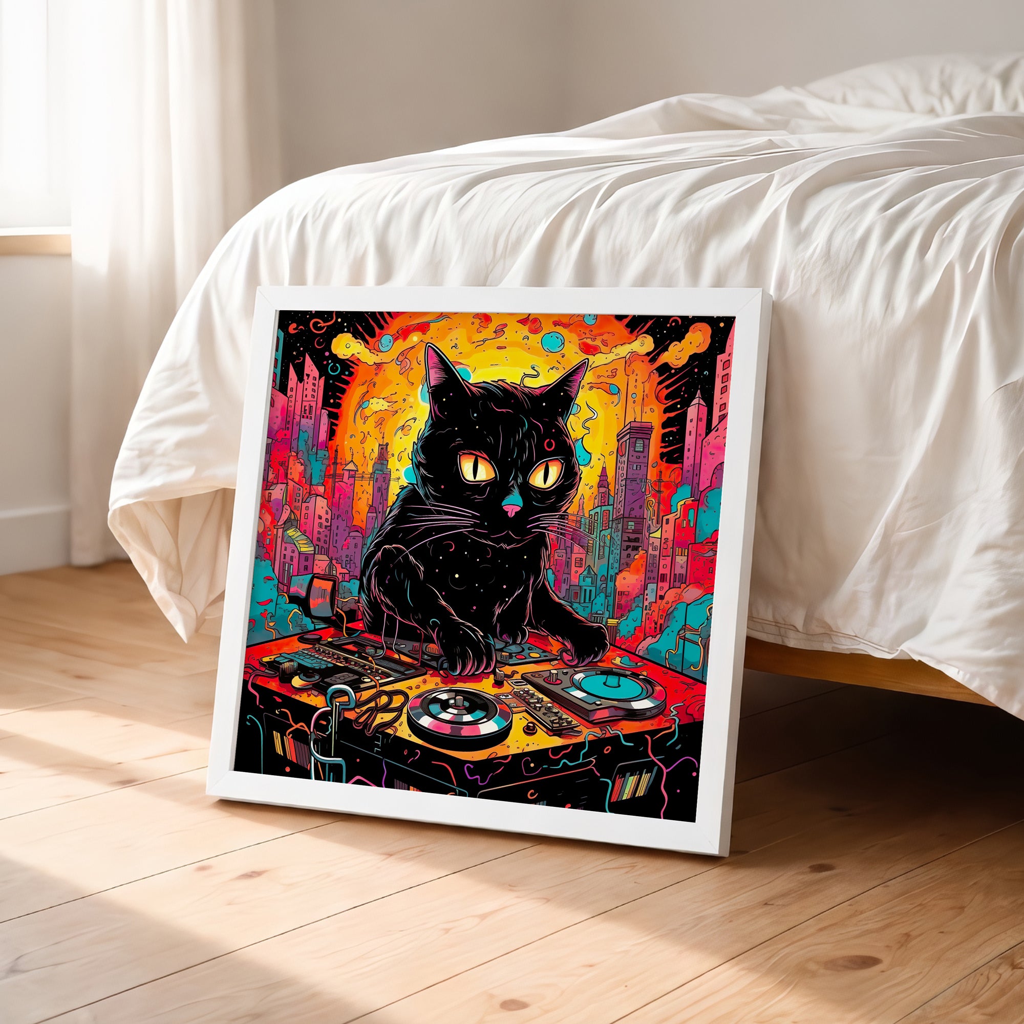 Psychedelic DJ Cat Framed Wall Art