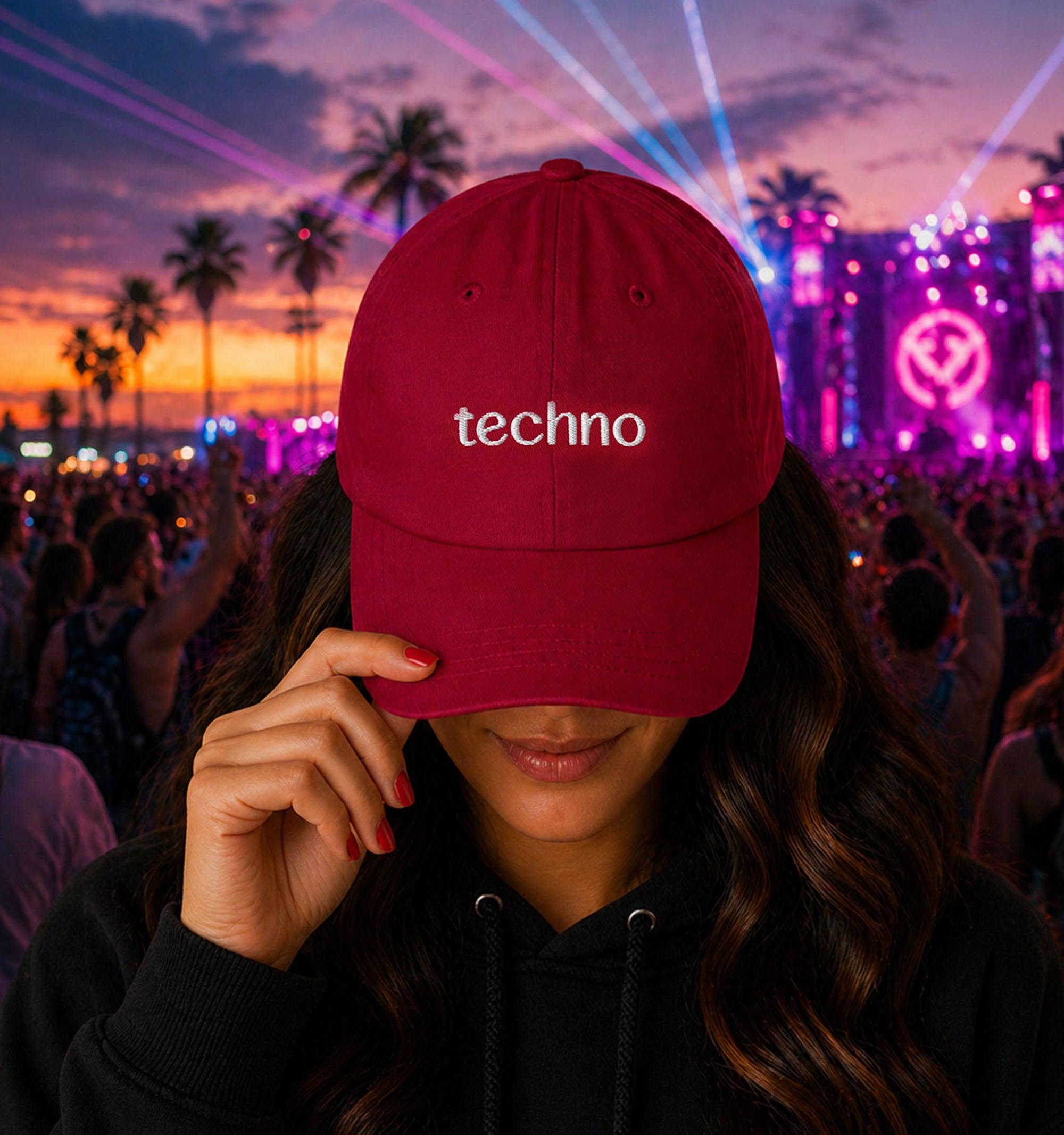 Woman Rave Techno Embroidered Hat in red