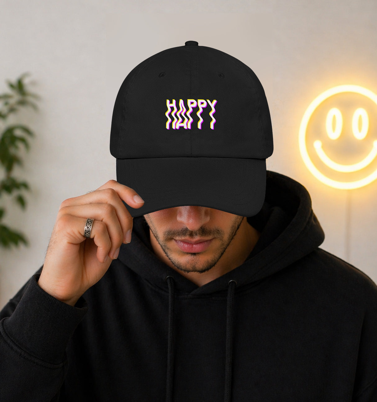 Man Wearing a Happy Vibes Hat