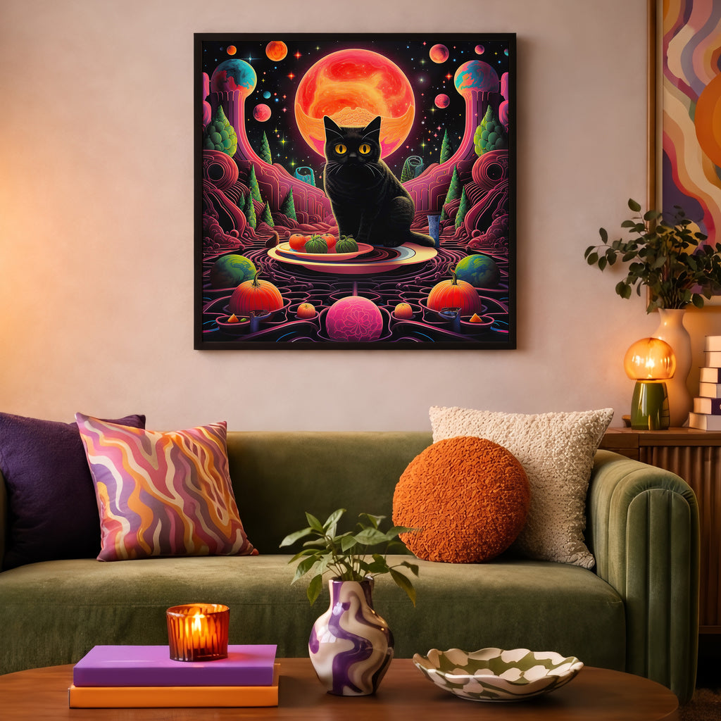 Psychedelic Black Cat Framed Wall Art