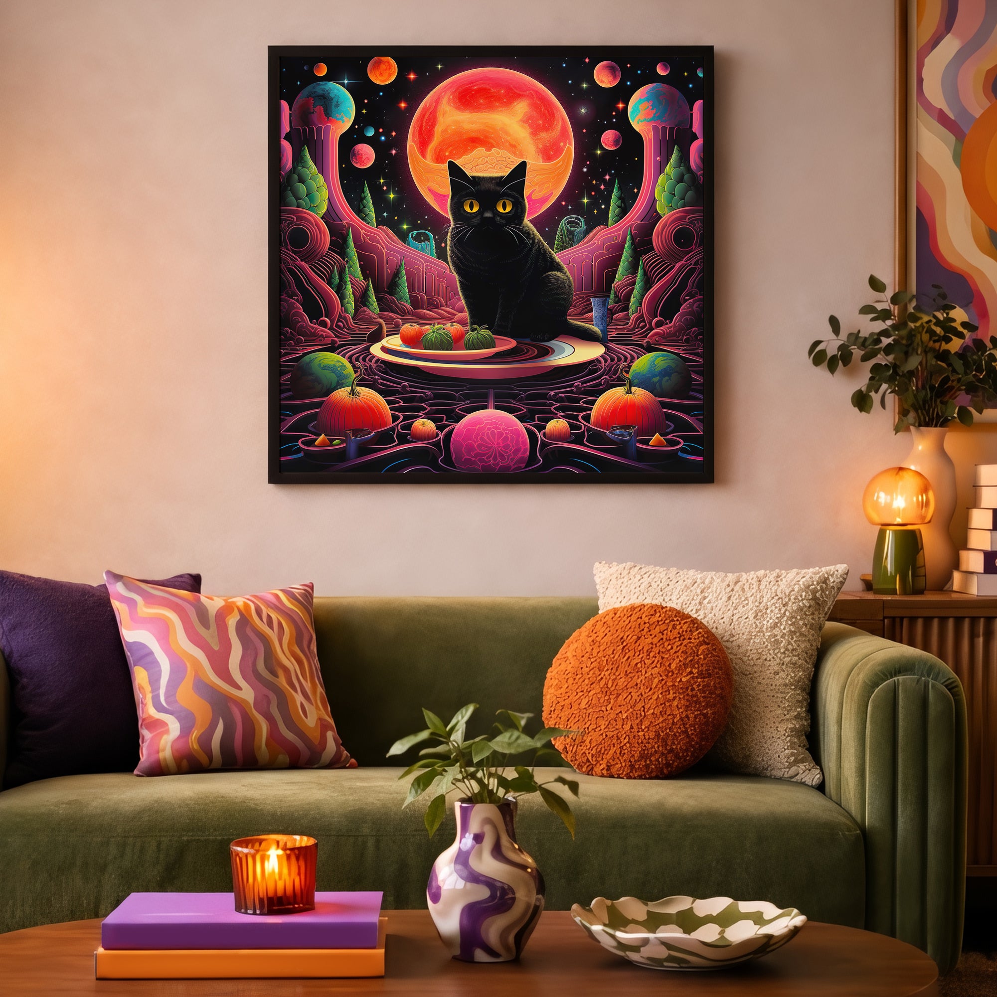 Psychedelic Black Cat Framed Wall Art