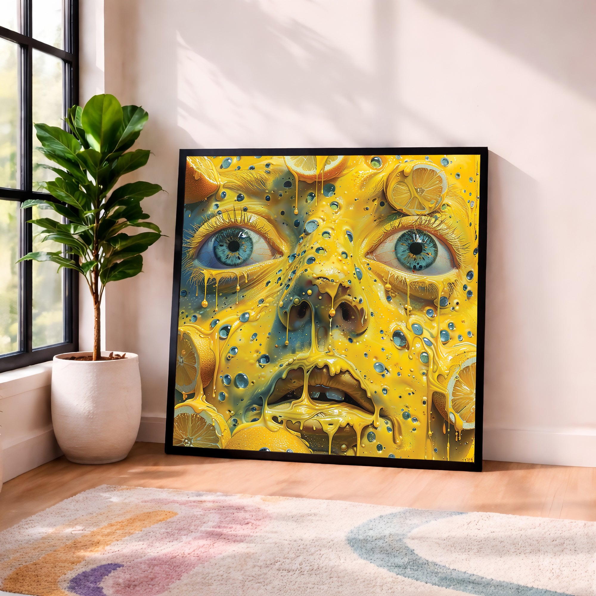 Trippy Melting Lemon Face Framed Wall Art
