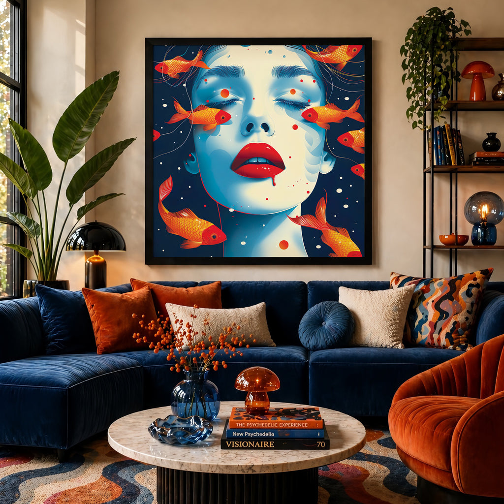 Living room with a colorful painting of a woman's face with fish, blue sofa, and orange armchair