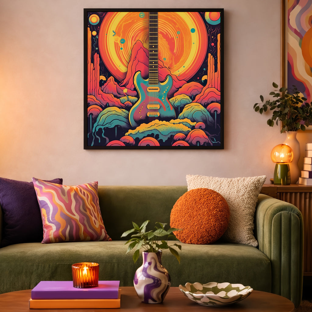 Psychedelic Guitar Sunset Framed Wall Art