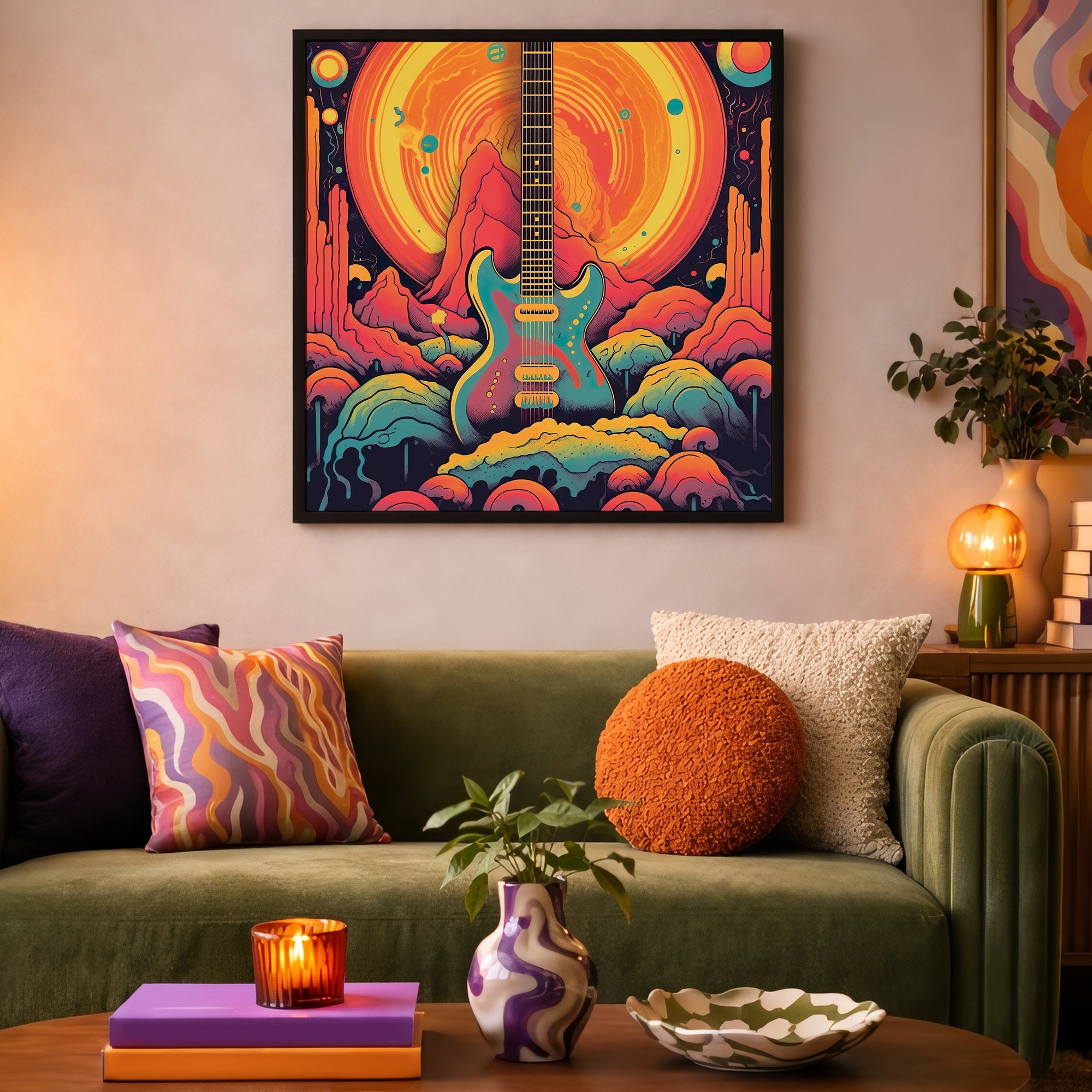 Psychedelic Guitar Sunset Framed Wall Art