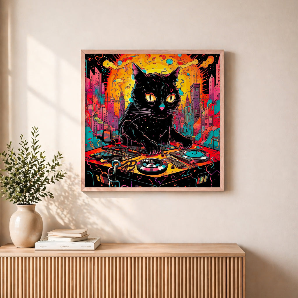 Psychedelic DJ Cat Framed Wall Art