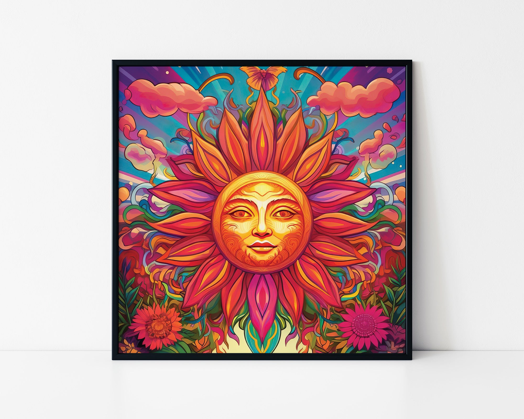 Psychedelic Sun Face Framed Wall Art