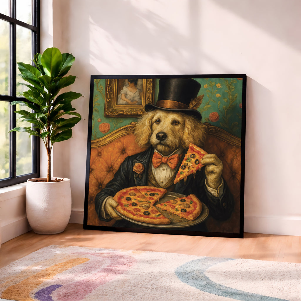 Funny Vintage Dog Eating Pizza Framed Wall Art