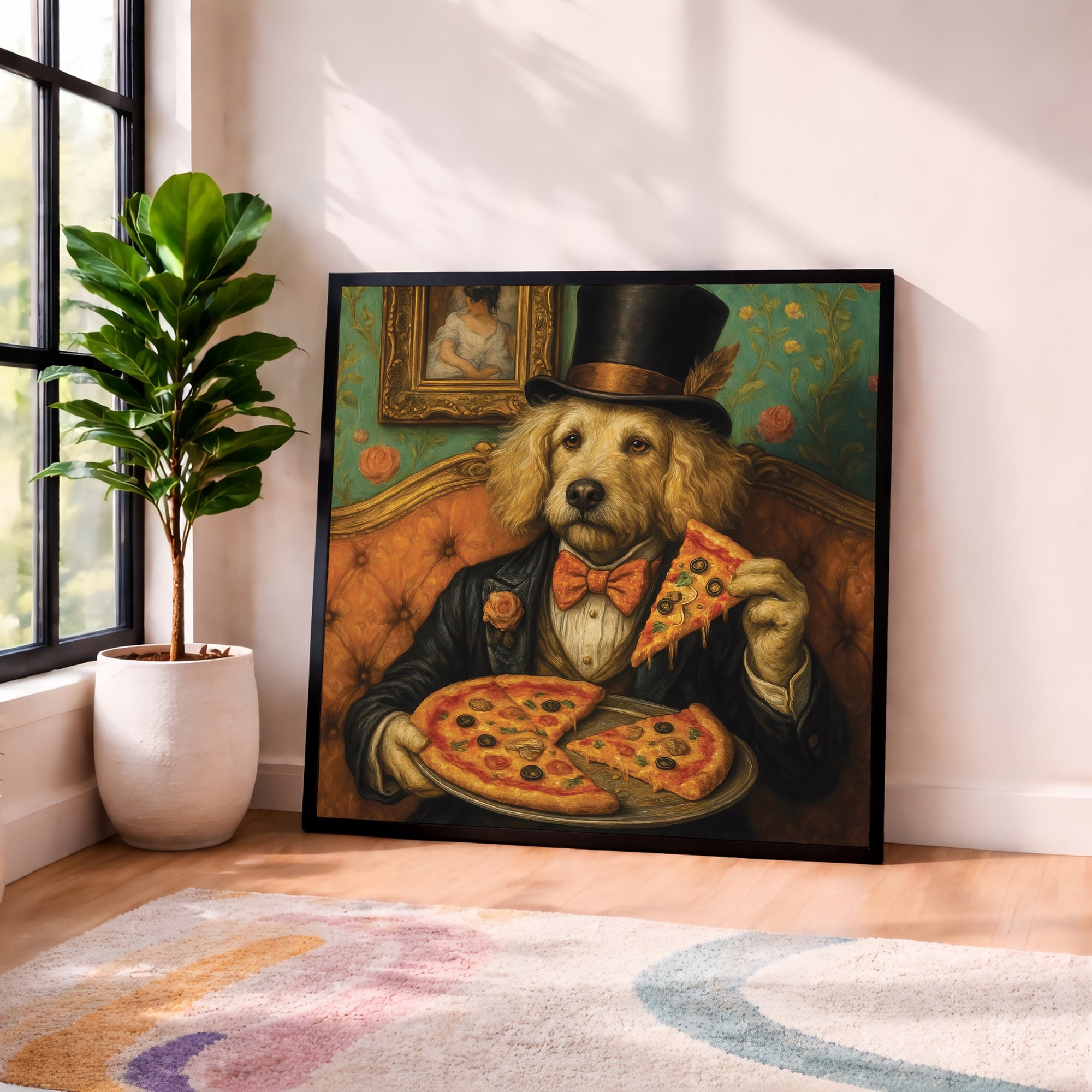 Funny Vintage Dog Eating Pizza Framed Wall Art