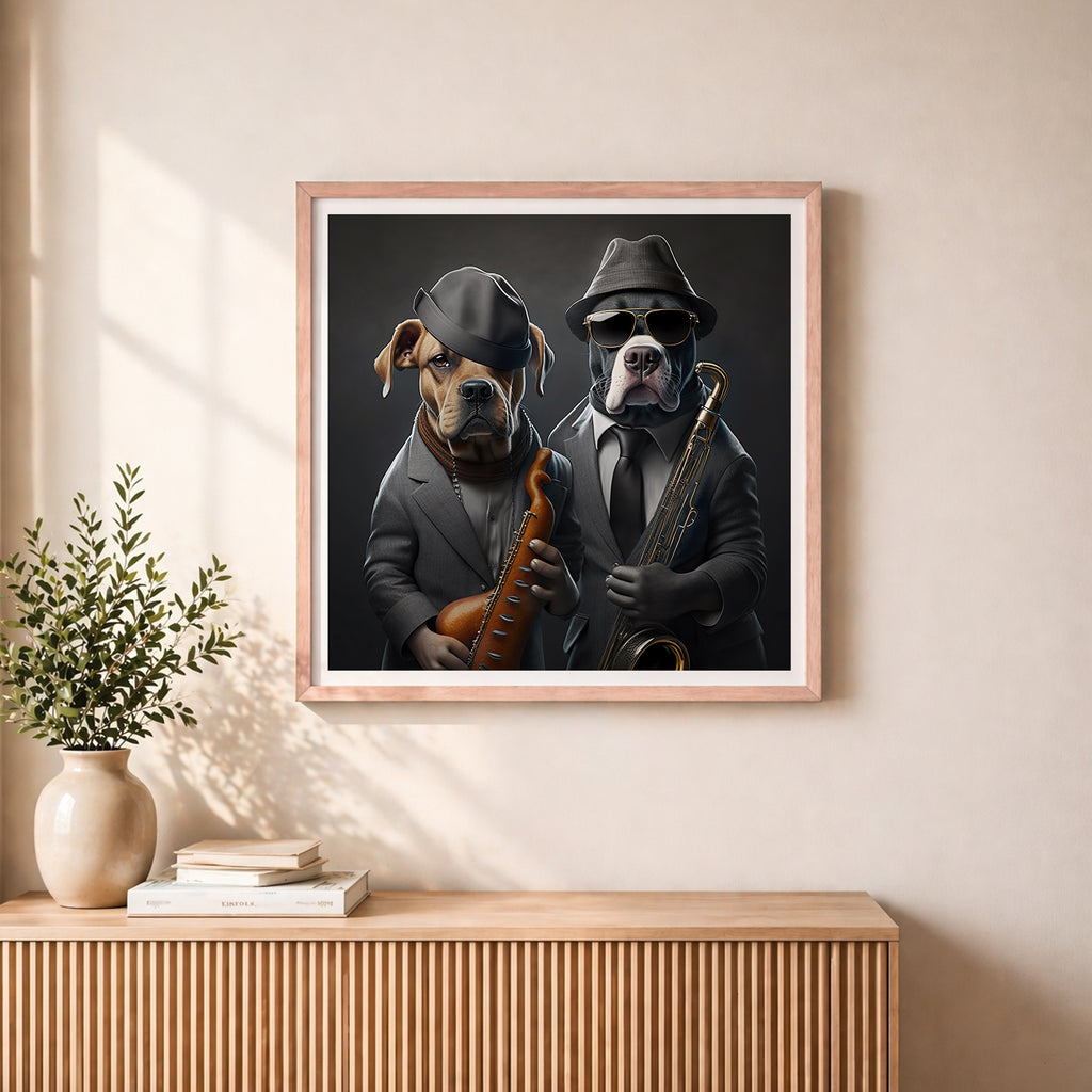 Framed artwork of two dogs in suits playing instruments on a wall above a wooden console table.