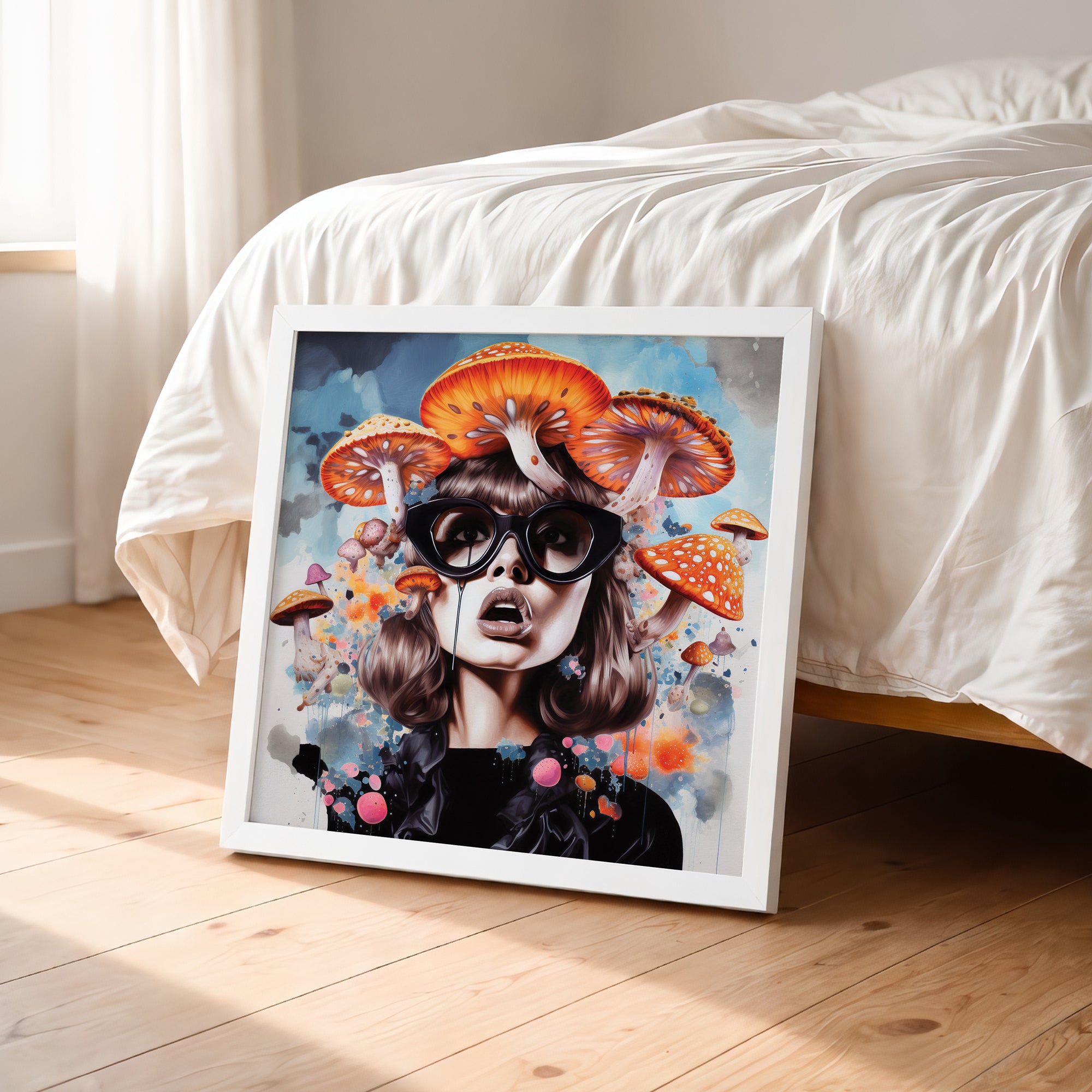 Framed artwork of a woman with mushrooms on her head in a bedroom setting

