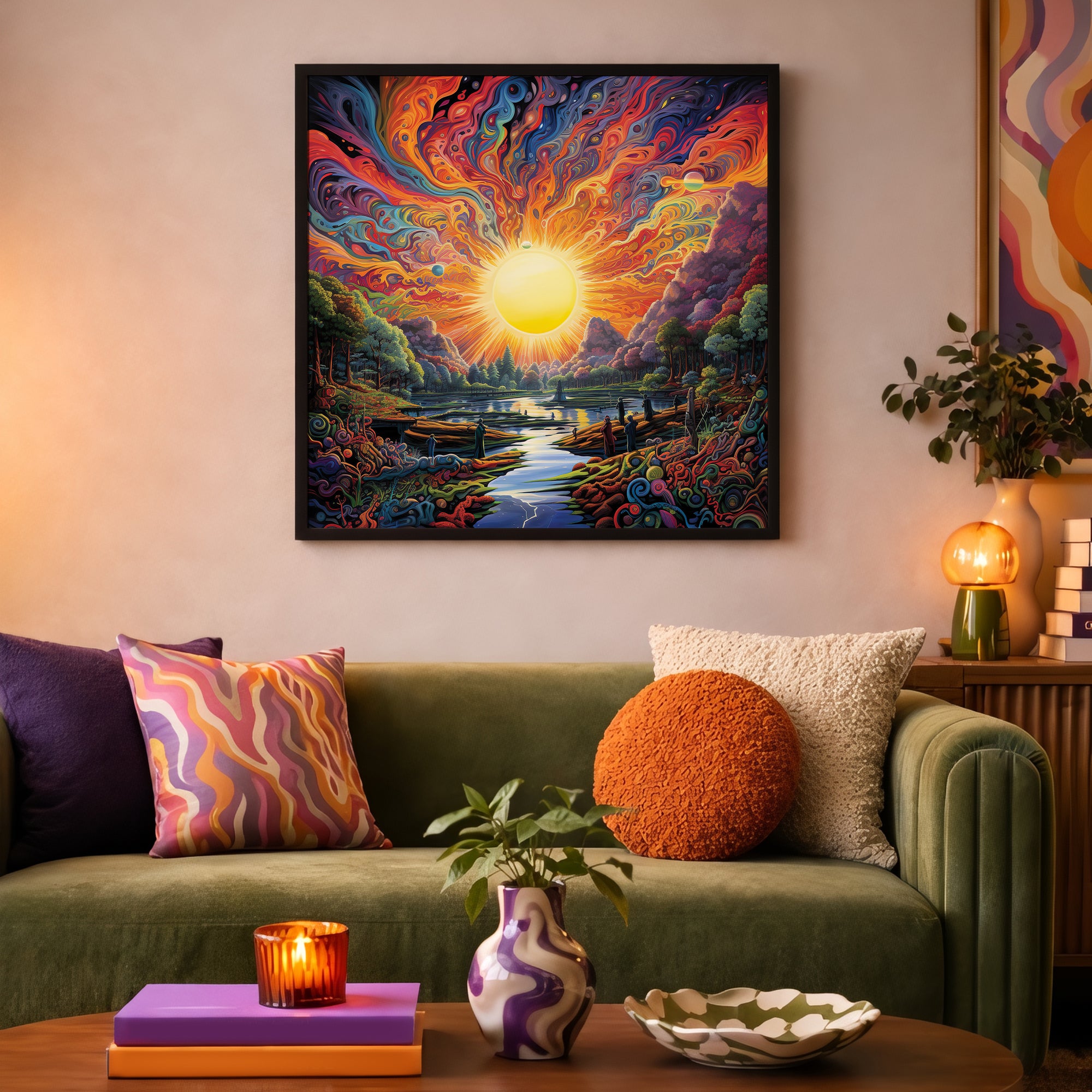 Psychedelic Colorful Sunrise Landscape Framed Wall Art