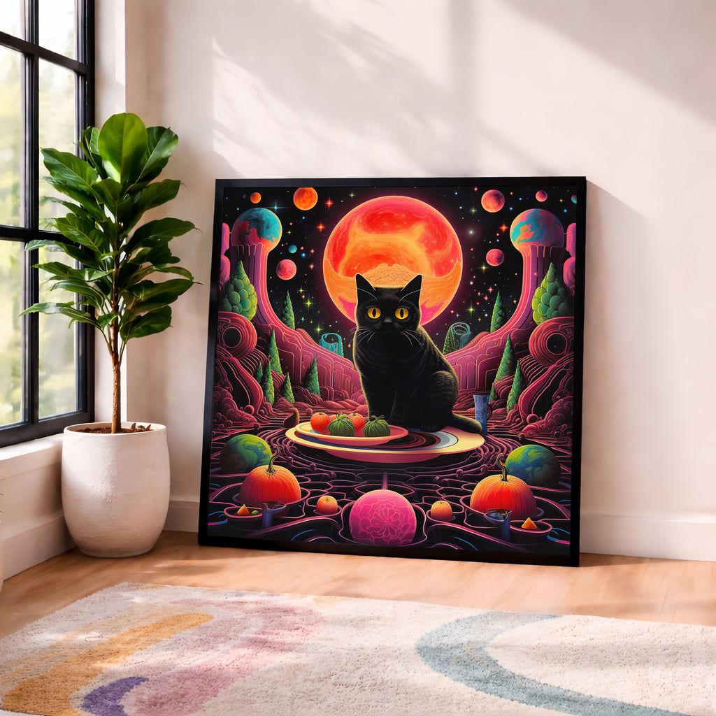 Psychedelic Neon Colors Black Cat Framed Wall Art
