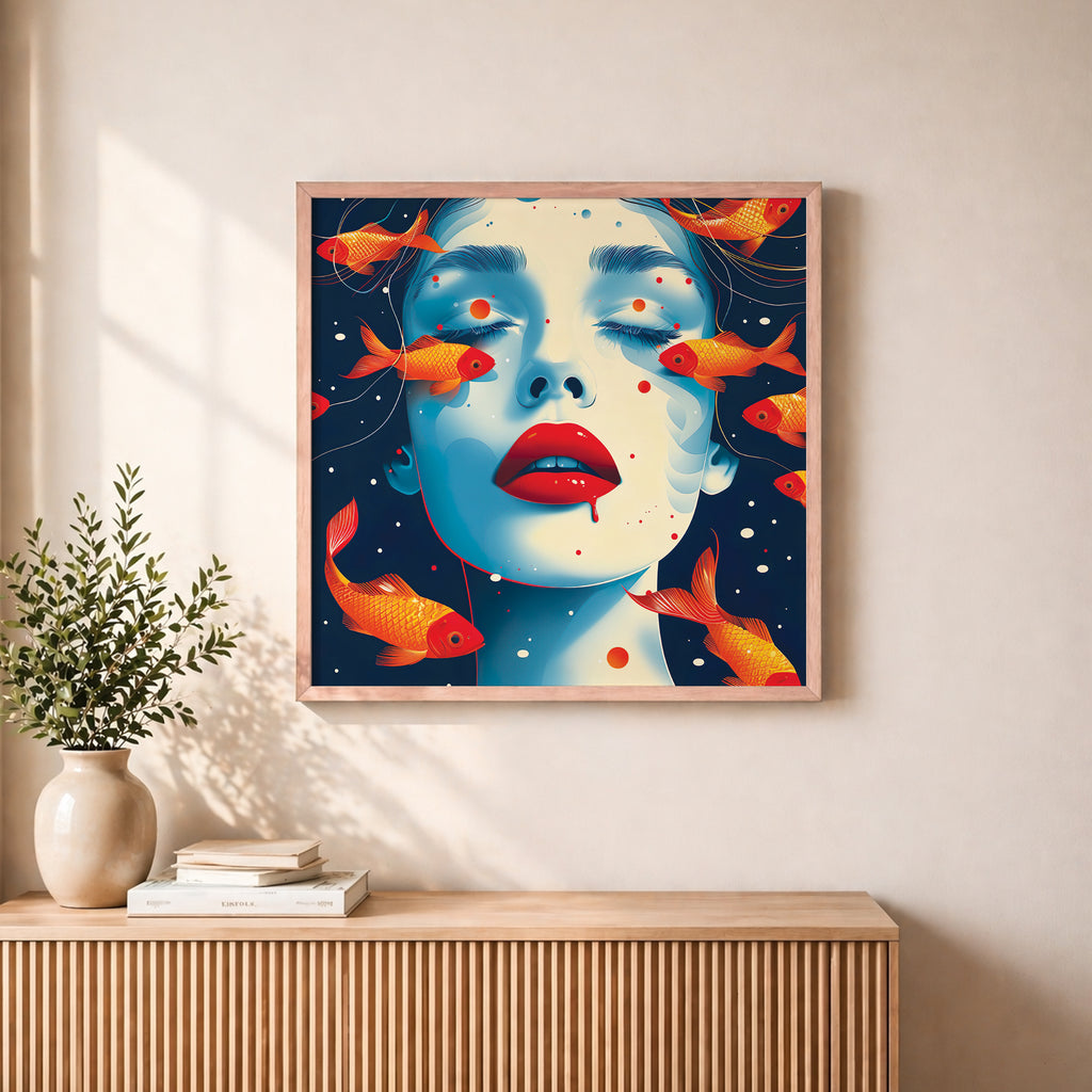 Framed artwork of a woman's face with goldfish on a wall above a wooden console table