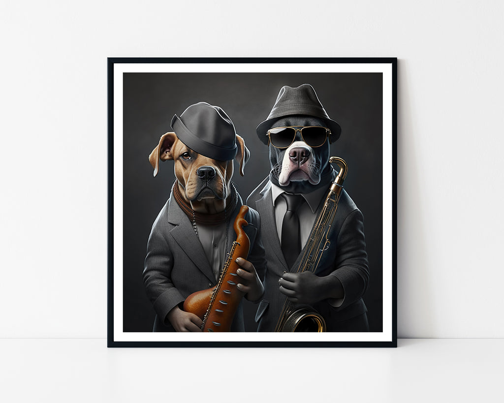 Framed artwork of two dogs in suits playing saxophones on a dark background

