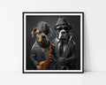 Framed artwork of two dogs in suits playing saxophones on a dark background

